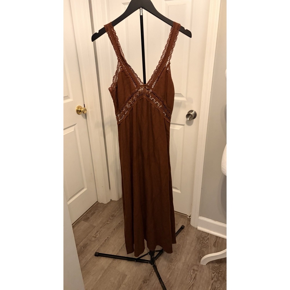 LOFT Brown Lace-Trim Midi Slip Dress Linen Blend 4 Boho Fairycore Y2K Style NWOT